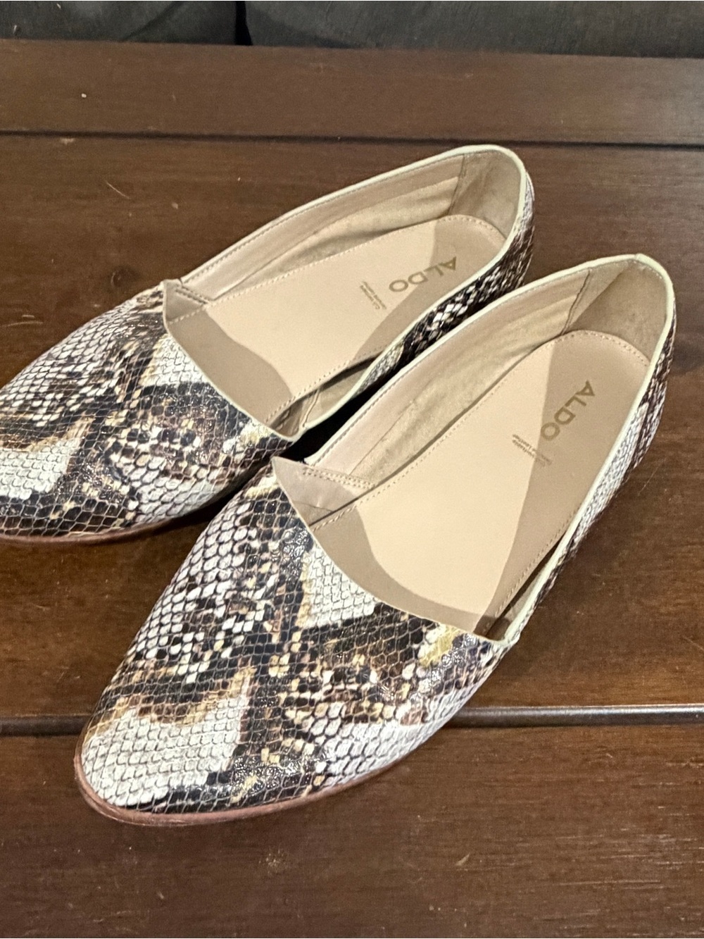 ALDO leather Snake-Print Slip-On Flats in Cream, Brown, Black